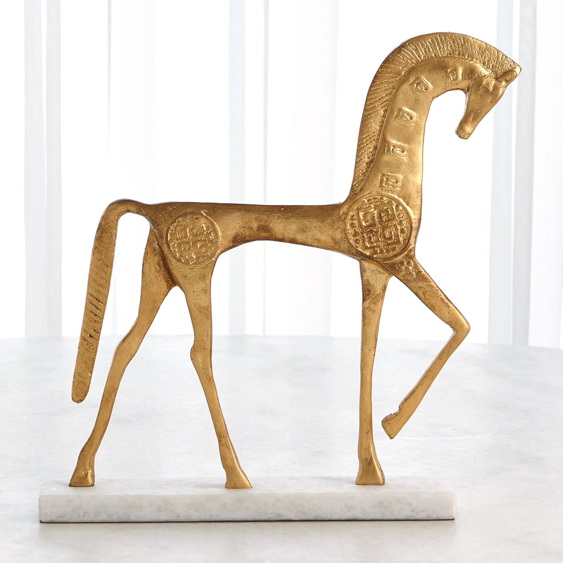 Roman Horse by Global Views in gold. Made from cast steel 50%, white marble 50% in a unique style.