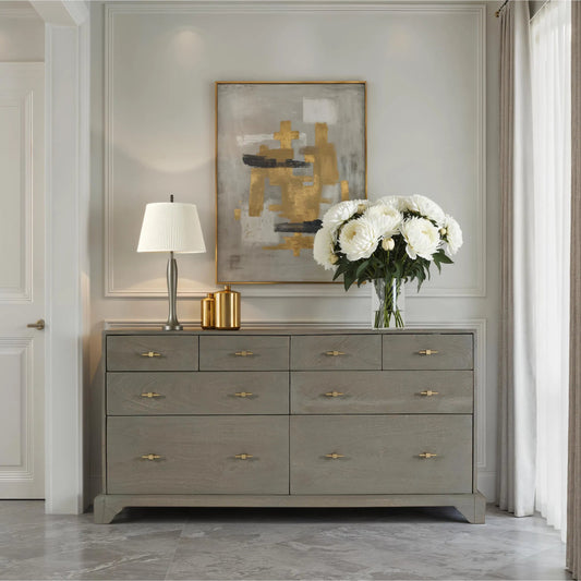 Faro Dresser by Butler Specialty Company in warm gray, greenish. Made from mango wood in a transitional style.