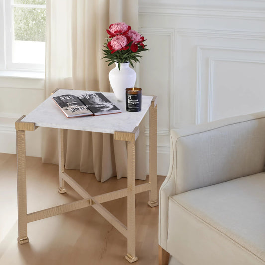 Loric End Table by Butler Specialty Company in white, antique gold. Made from iron, marble in a unique style.