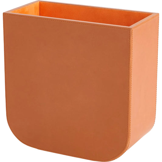 Radius Edge Leather Wastebasket by Global Views in orange. Made from mdf, lining material cloth polysuede, top grain marble leather in a unique style.