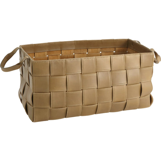 Soft Woven Leather Basket by Global Views in putty. Made from lining material split suede leather, top grain marble leather in a unique style.