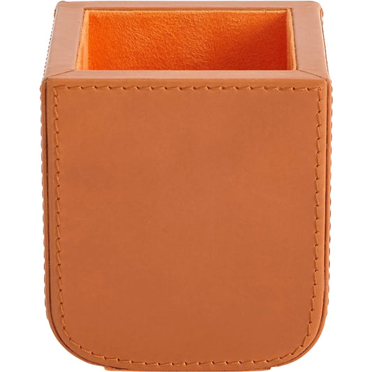 Radius Edge Leather Pencil Cup by Global Views in orange. Made from mdf, lining material cloth polysuede, top grain marble leather in a unique style.