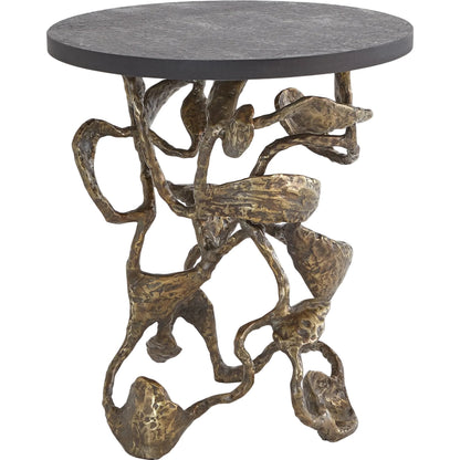 Drift Table by Global Views in faux bronze. Made from cast iron, iron, honed black marble in a modern style.