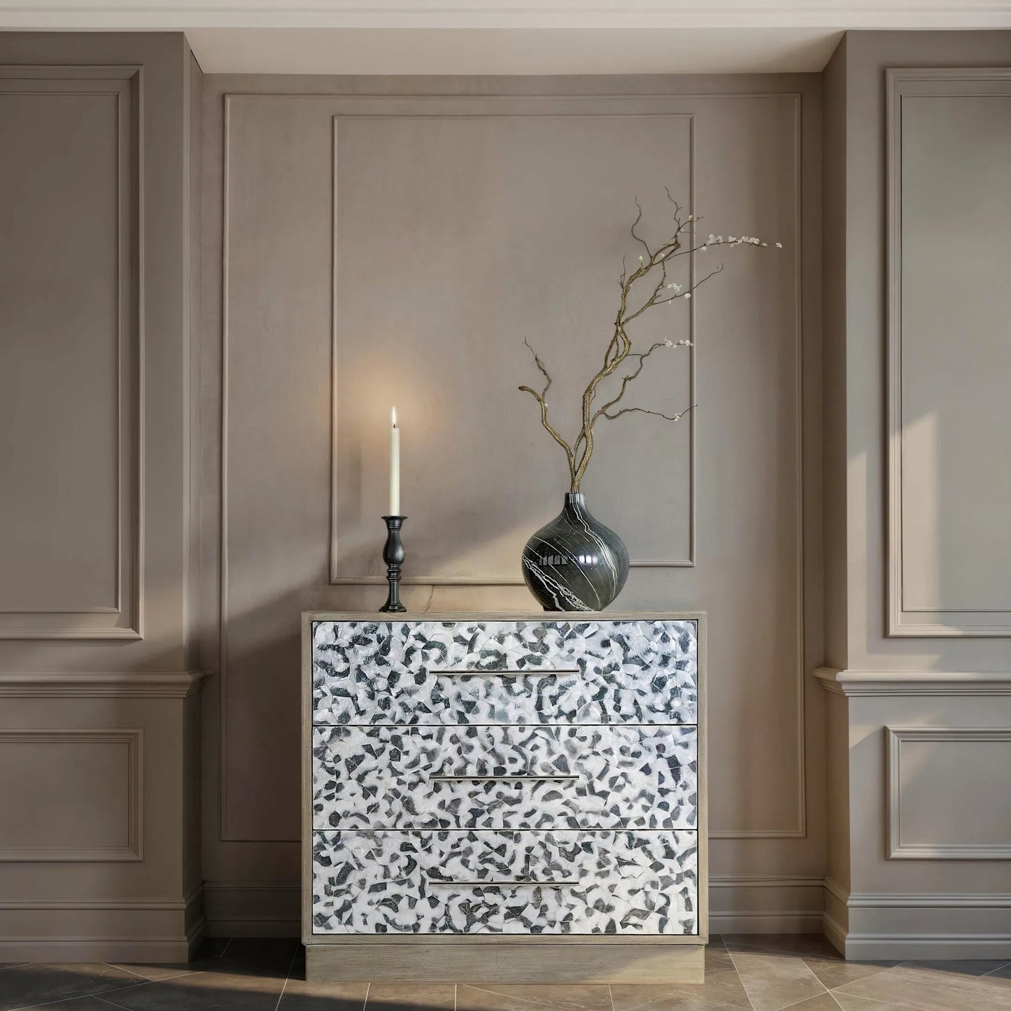 006 SI-2472694 | Lifestyle | Maganda Accent Chest by Butler Specialty Company in heritage gray. Made from gmelina wood, mdf, oak veneer, tortoise capiz in a eclectic & global style.