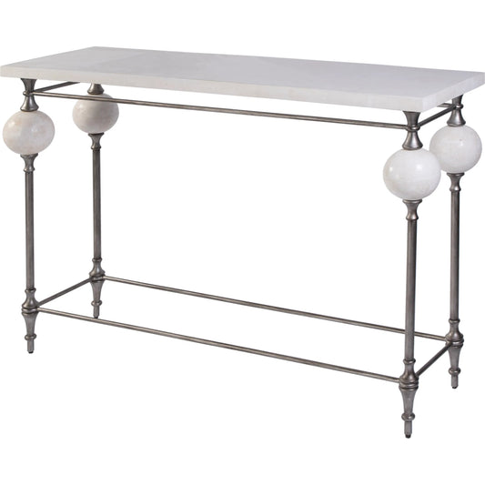 Amadeo Console Table by Butler Specialty Company in white, silver and heritage. Made from metal, agate stone and plywood in a unique style.