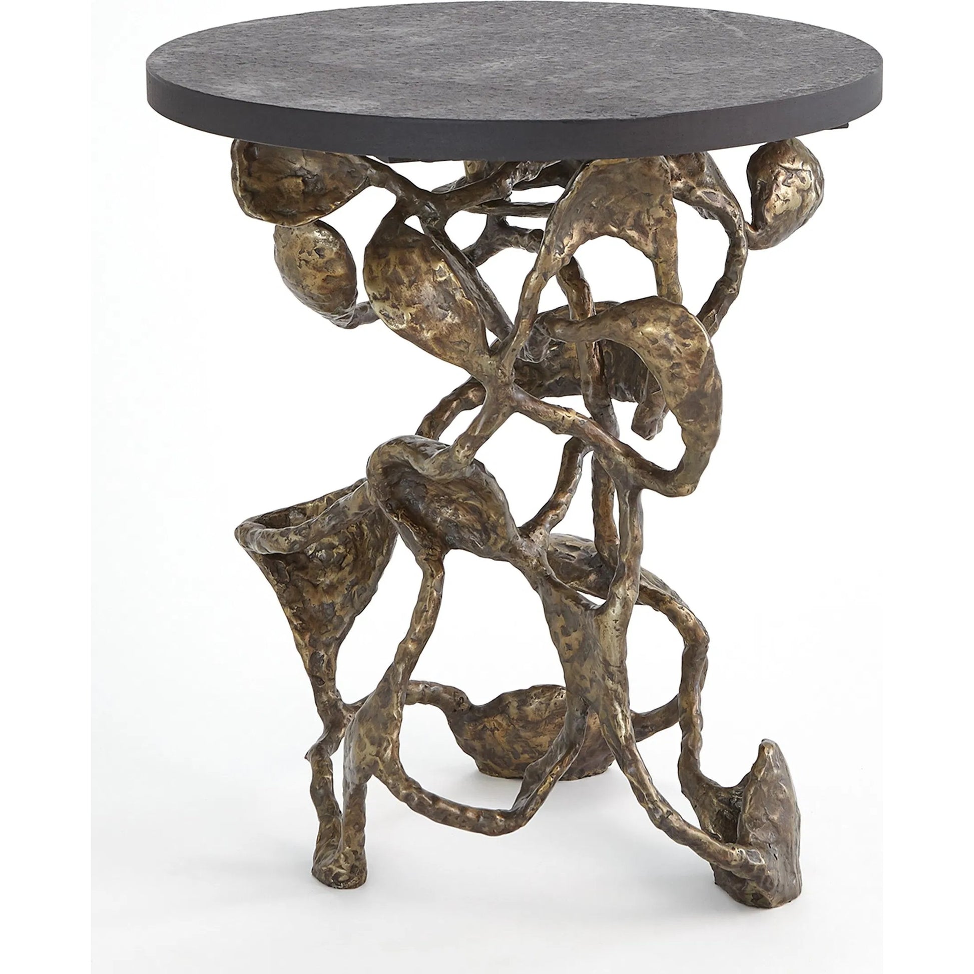 Drift Table by Global Views in faux bronze. Made from cast iron, iron, honed black marble in a modern style.