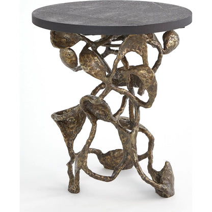 Drift Table by Global Views in faux bronze. Made from cast iron, iron, honed black marble in a modern style.