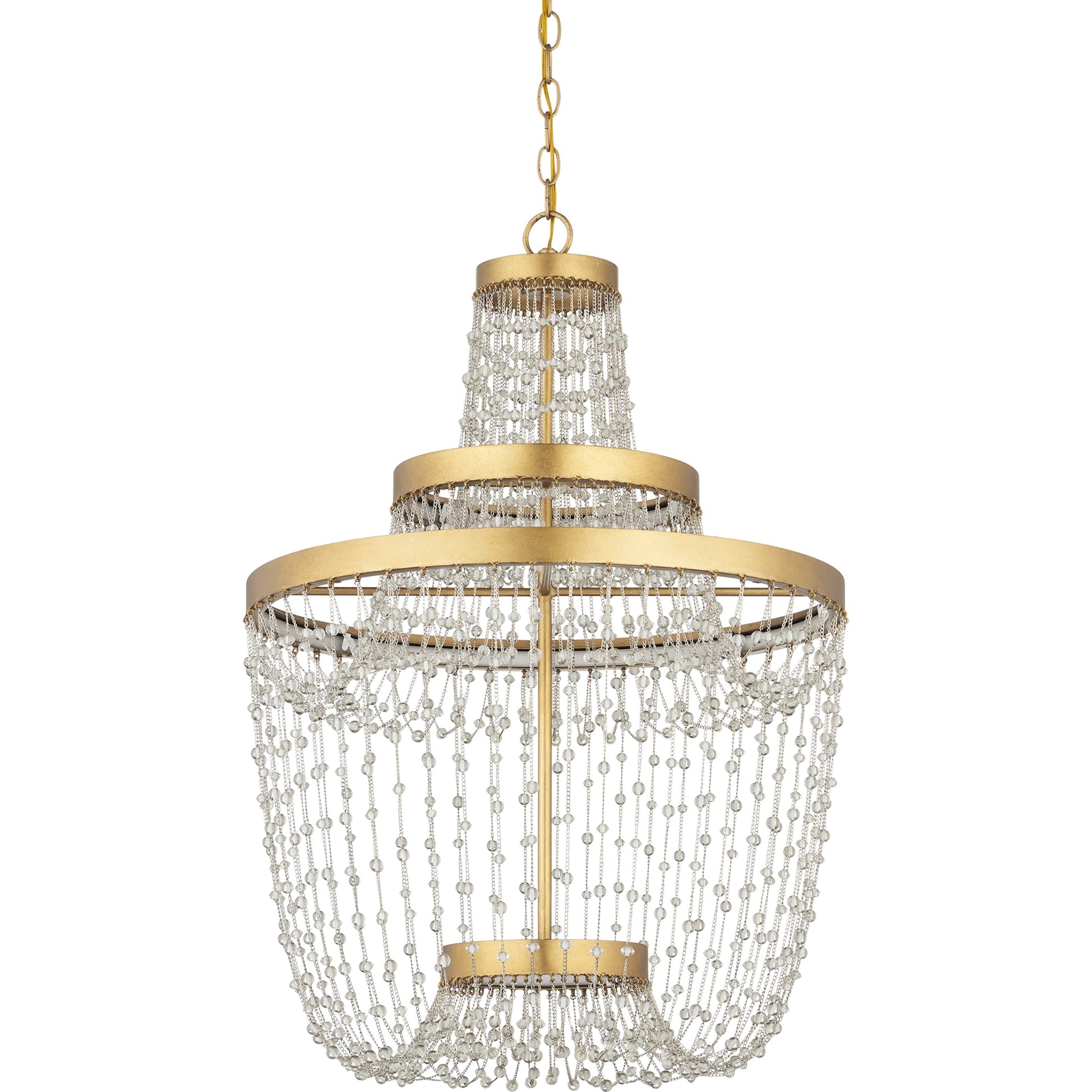 Mademoiselle Chandelier by Currey and Company in contemporary gold leaf, contemporary gold, clear. Made from glass beads, wrought iron in a unique style.