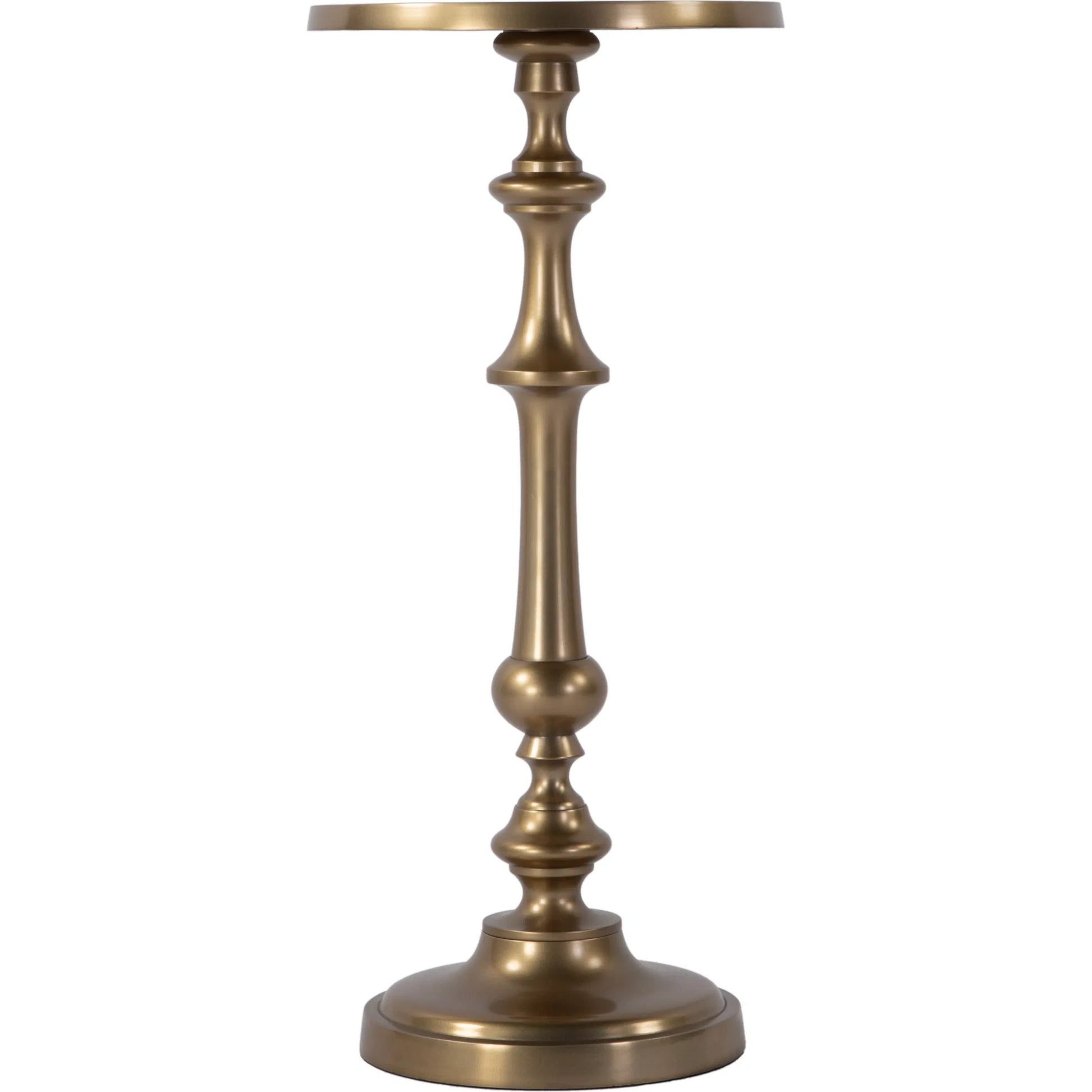 Bartel Pedestal Base End Table by Butler Specialty Company in antique gold. Made from aluminum in a modern style.