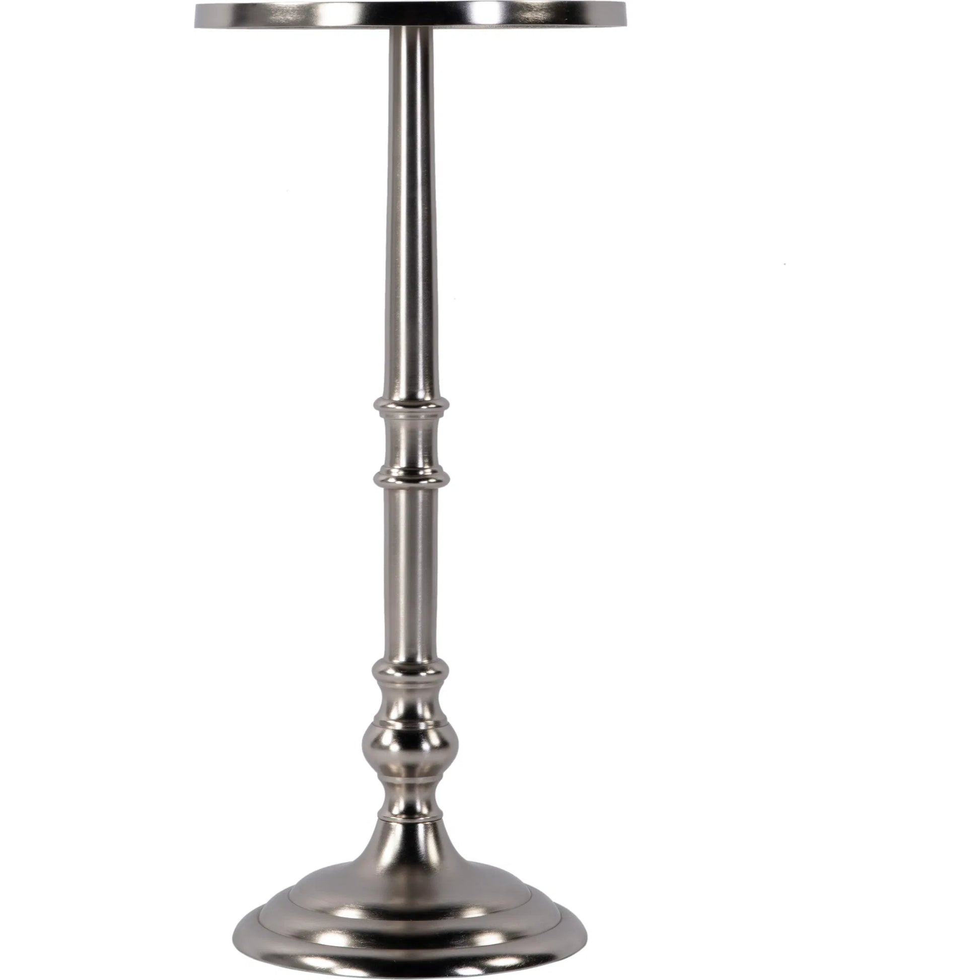 Garland Pedestal Base End Table by Butler Specialty Company in silver. Made from aluminum in a modern style.