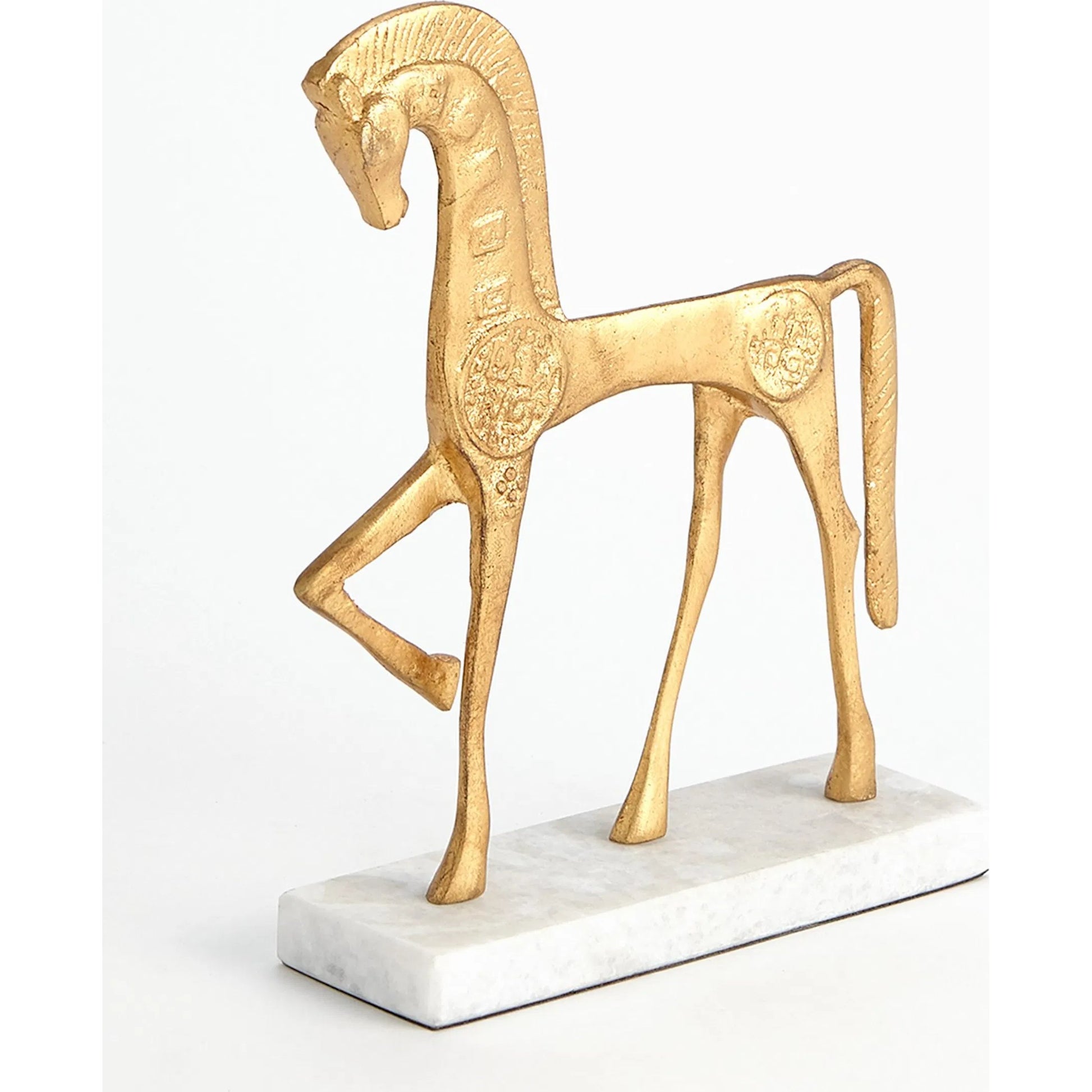 Roman Horse by Global Views in gold. Made from cast steel 50%, white marble 50% in a unique style.