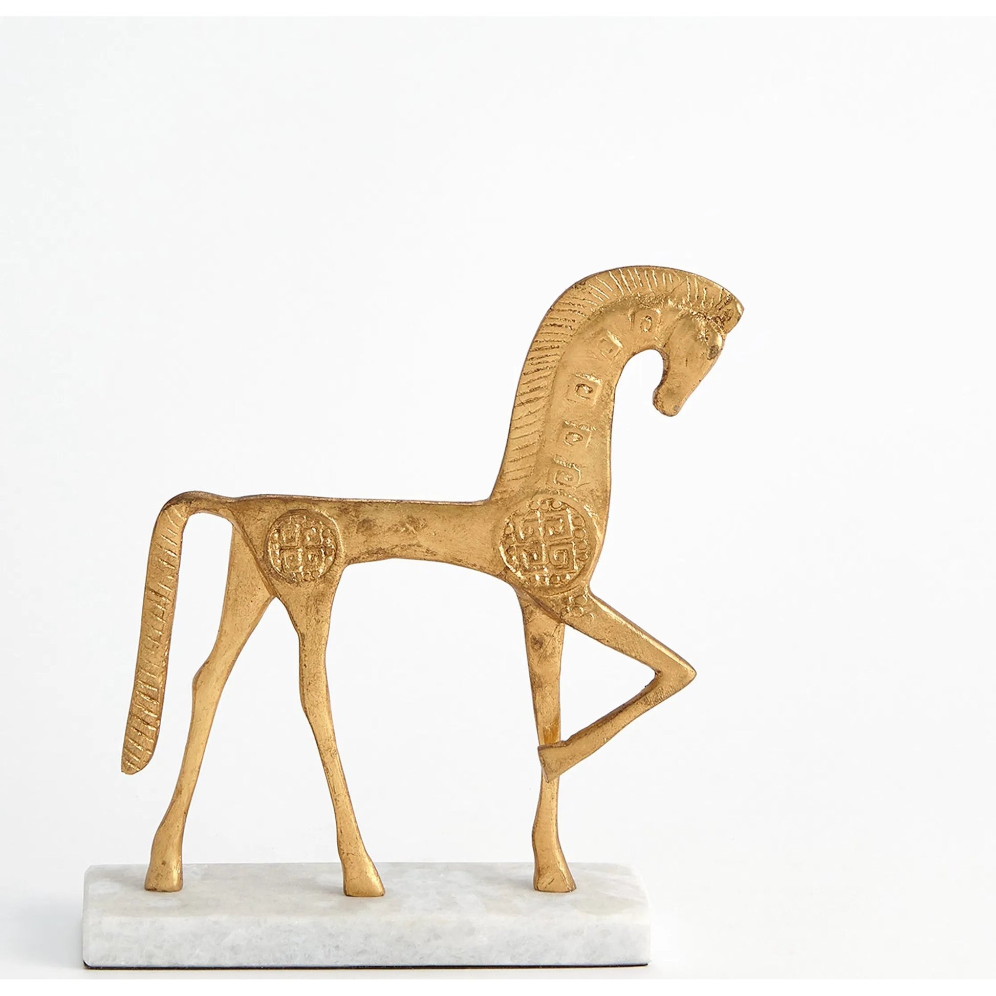 Roman Horse by Global Views in gold. Made from cast steel 50%, white marble 50% in a unique style.