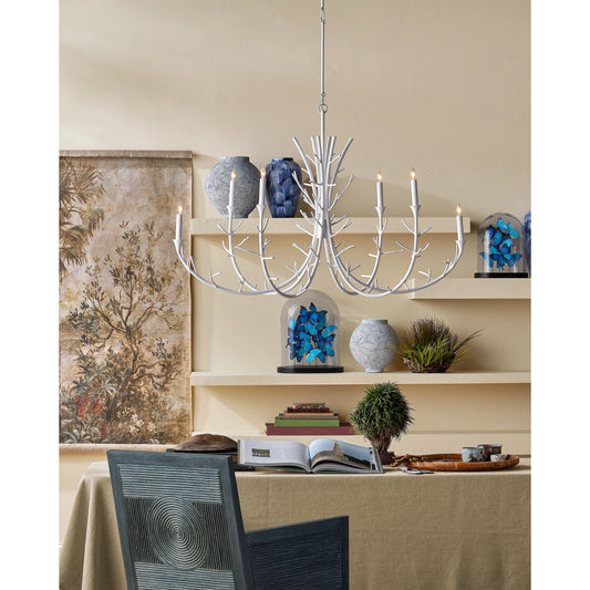 Twiggy Oval Chandelier by Currey and Company in gesso white. Made from wrought iron in a modern style.