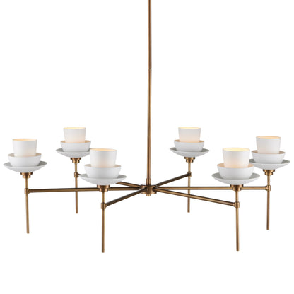 Etiquette Chandelier by Currey and Company in antique brass, white. Made from metal, bone china in a modern style.