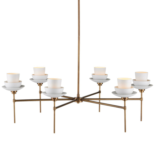 Etiquette Chandelier by Currey and Company in antique brass, white. Made from metal, bone china in a modern style.