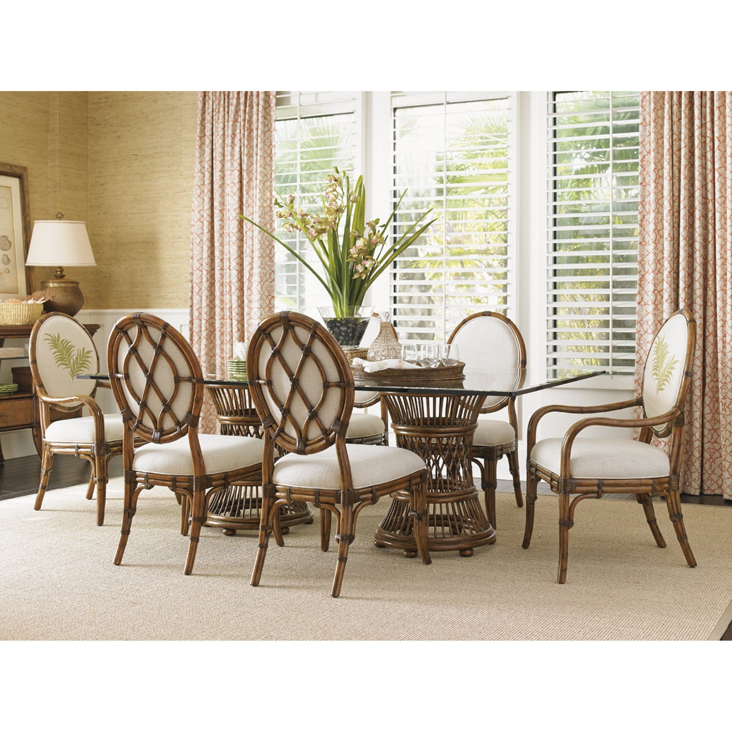 002 SR-835931 | Lifestyle | Aruba Dining Table with 84 X 48 Inch Glass Top by Tommy Bahama Home. Made from unique in a coastal style.