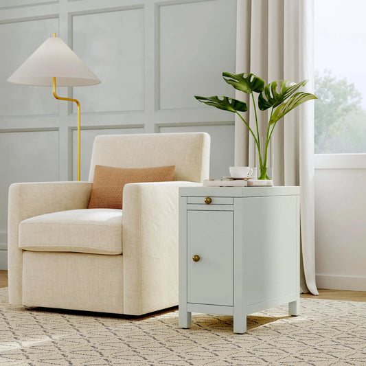 Nora End Table by Butler Specialty Company in sage green. Made from mdf, acacia wood, plywood, veneers in a unique style.