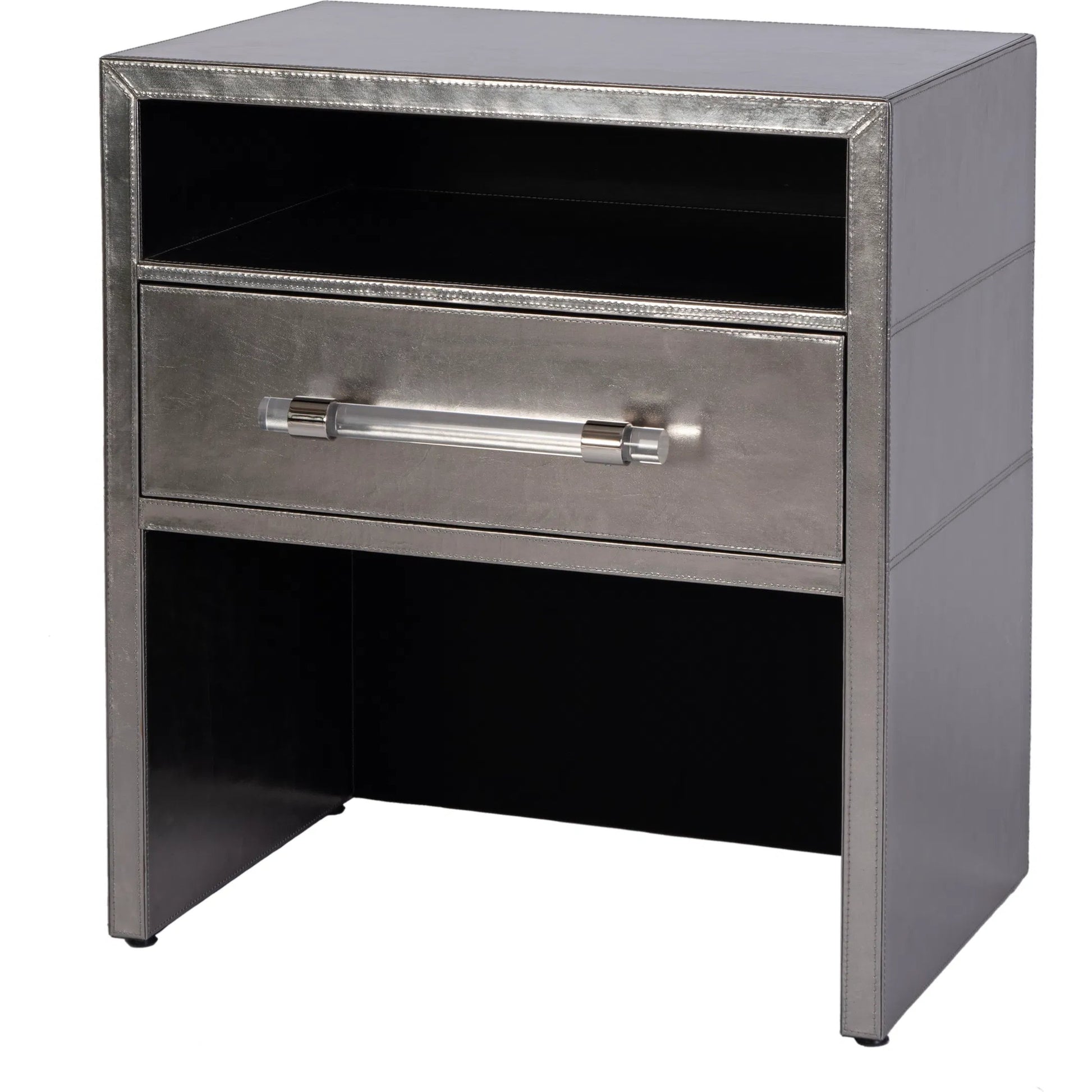 Allman Nightstand by Butler Specialty Company in silver. Made from mdf, leather, steel in a modern style.