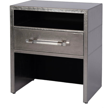Allman Nightstand by Butler Specialty Company in silver. Made from mdf, leather, steel in a modern style.