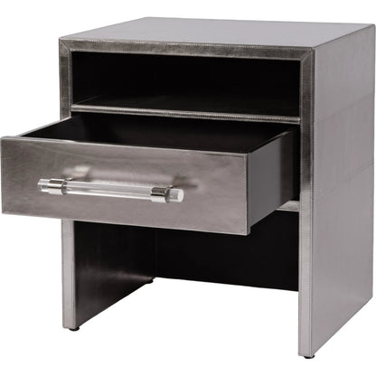 Allman Nightstand by Butler Specialty Company in silver. Made from mdf, leather, steel in a modern style.
