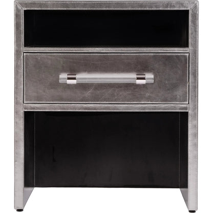 Allman Nightstand by Butler Specialty Company in silver. Made from mdf, leather, steel in a modern style.