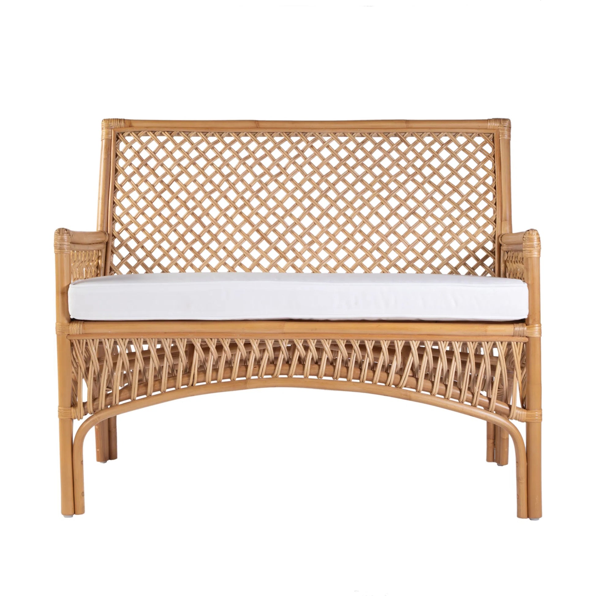 Antigua Dining Bench by Butler Specialty Company in natural rattan. Made from rattan, foam, fabric in a rustic style.