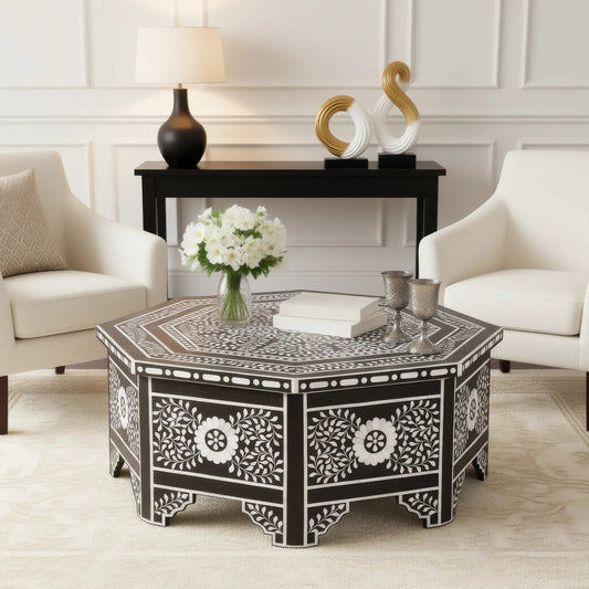 Blackwell Coffee Table by Butler Specialty Company in black, white and black bone. Made from mdf, bone in, lay, resin, aluminum in a unique style.