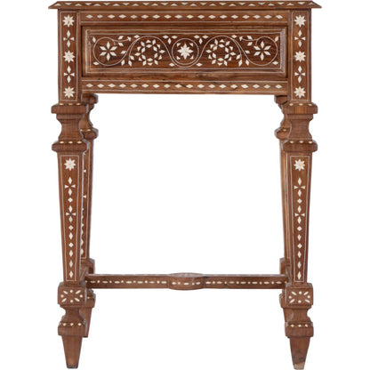 Rashmi End Table by Butler Specialty Company in brown, bone inlay. Made from teak, bone-inlay in a traditional style.