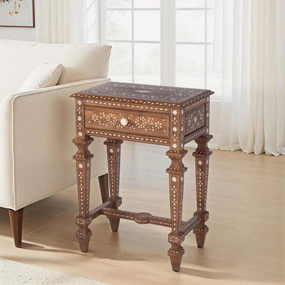 Rashmi End Table by Butler Specialty Company in brown, bone inlay. Made from teak, bone-inlay in a traditional style.