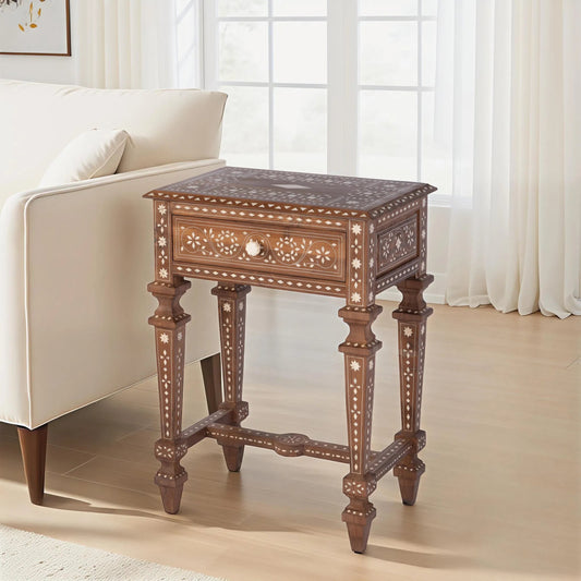Rashmi End Table by Butler Specialty Company in brown, bone inlay. Made from teak, bone-inlay in a unique style.