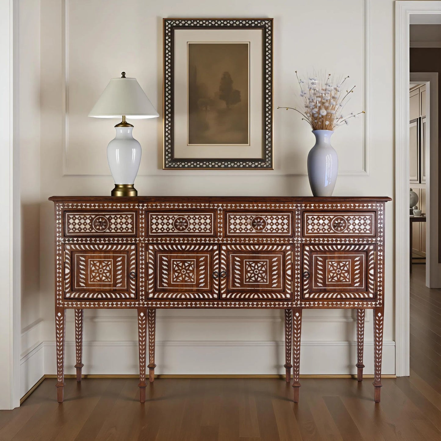 007 SI-2458711 | Lifestyle | Manali Console Table by Butler Specialty Company in wood, bone inlay. Made from teak wood, mother of pearl in a traditional style.