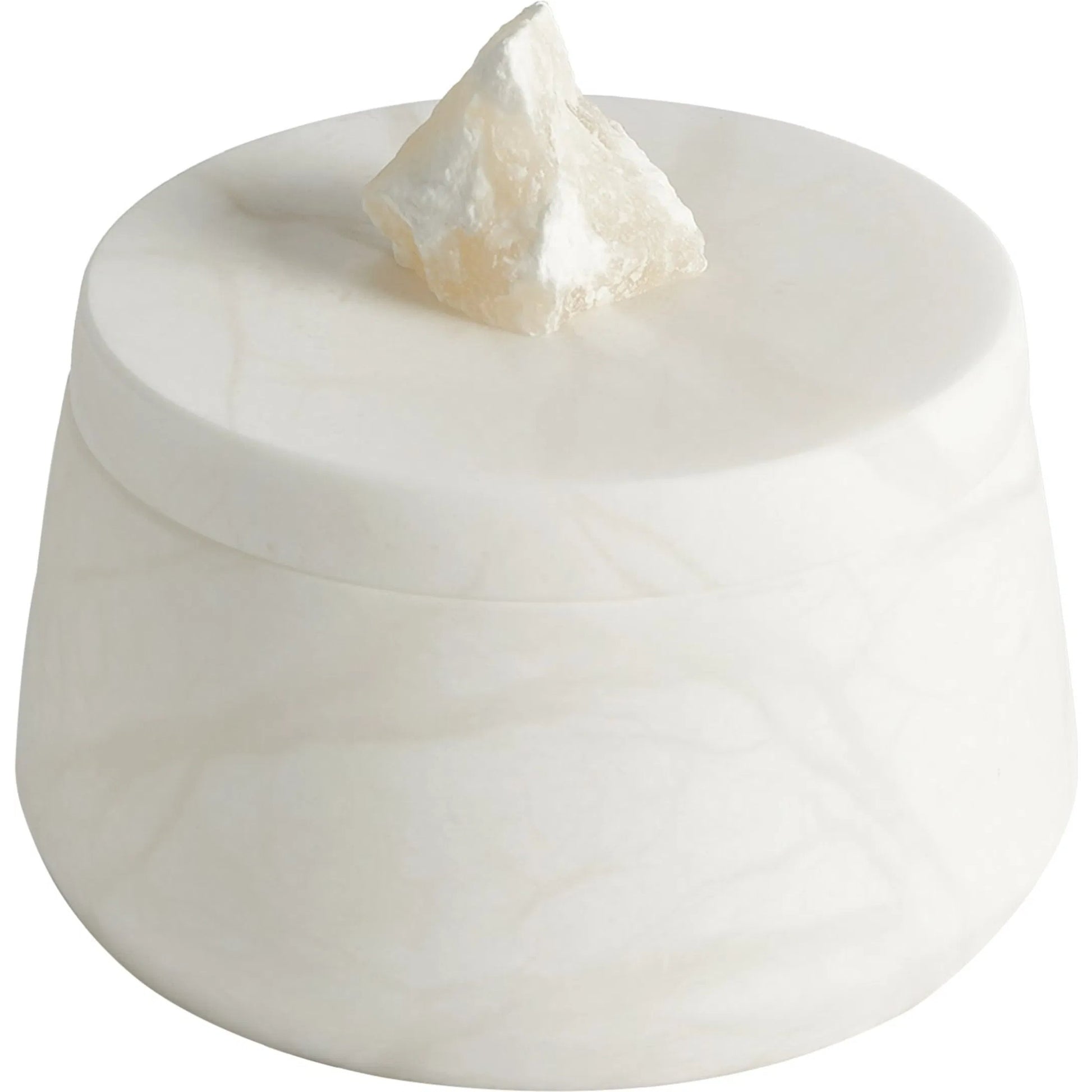 Alabaster Tapered Round Box with Rock Finial by Global Views in white. Made from alabaster in a modern style.