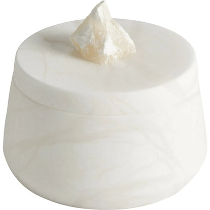Alabaster Tapered Round Box with Rock Finial by Global Views in white. Made from alabaster in a modern style.