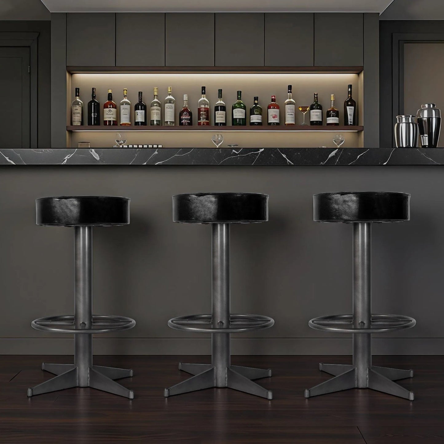 004 SI-2458710 | Lifestyle | Malcolm Bar Stool by Butler Specialty Company in black leather. Made from iron, leather, engineered wood in a modern style.