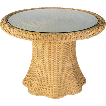 Flora Dining Table by Butler Specialty Company in natural rattan. Made from rattan, misc wood, plywood, clear glass in a rustic style.