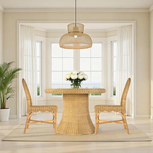 Flora Dining Table by Butler Specialty Company in natural rattan. Made from rattan, misc wood, plywood, clear glass in a unique style.