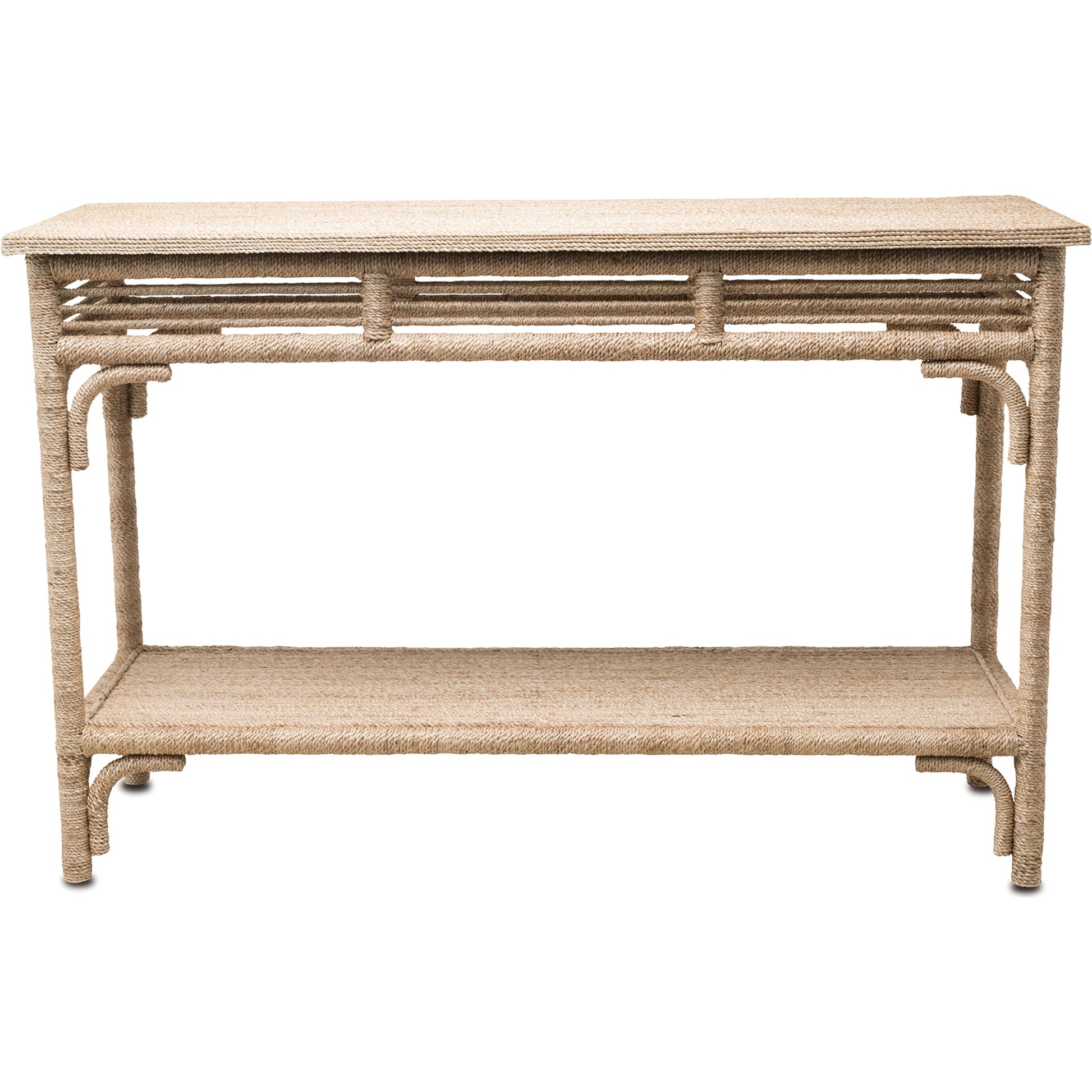 Olisa Console Table by Currey and Company. Made from abaca rope, wood in a coastal style.