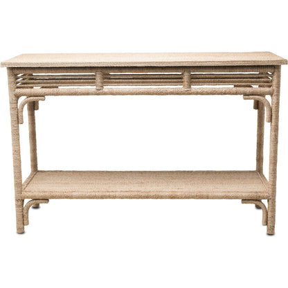 Olisa Console Table by Currey and Company. Made from abaca rope, wood in a coastal style.