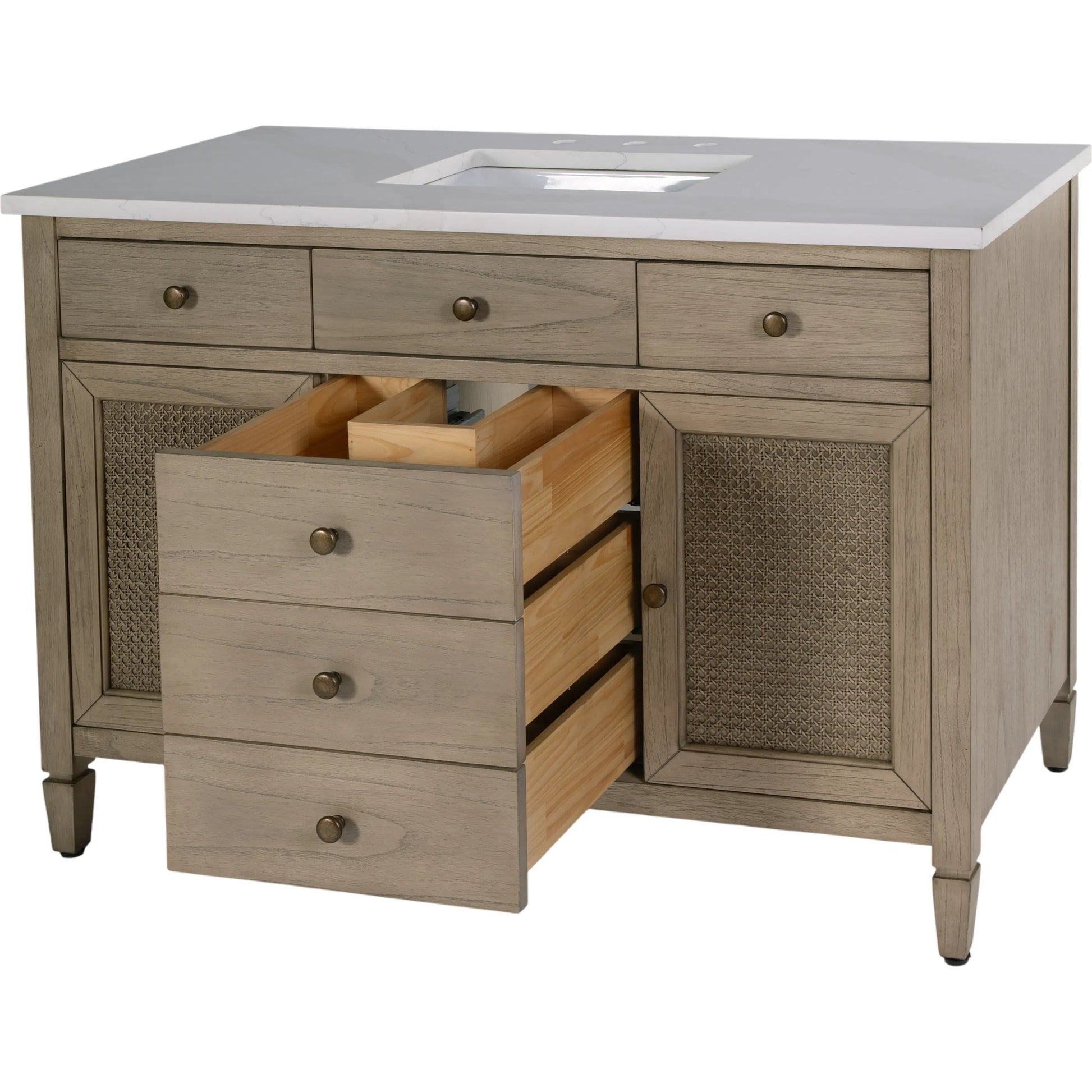 Flagstaff Bathroom Vanity by Butler Specialty Company in desert sand. Made from mdf, mindi, quartz, pine, ceramic, plywood, composite wood, veneer in a transitional style.
