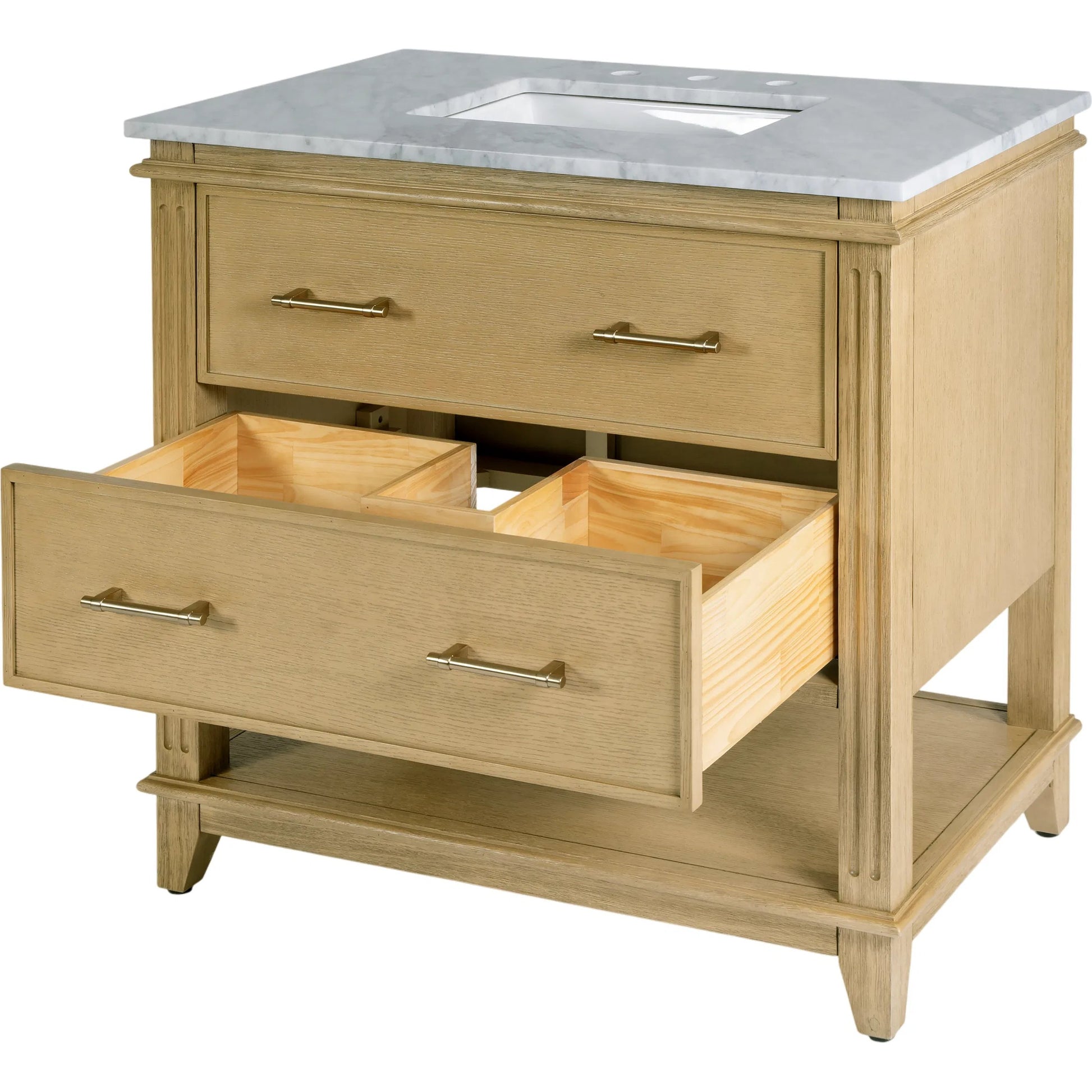 Lois Bathroom Vanity by Butler Specialty Company in light oak wire brushed. Made from mdf, eucalyptus, marble, pine, ceramic, plywood, composite wood, veneer in a transitional style.