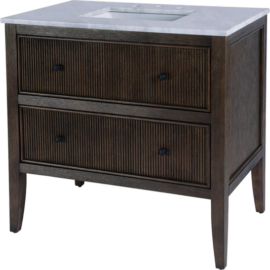 Bristol Bathroom Vanity by Butler Specialty Company in dark roast coffee wire brushed. Made from eucalyptus wood, mdf, plywood, pine, carrera marble, ceramic in a unique style.