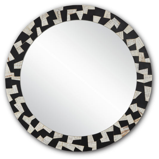 Bindu Round Mirror by Currey and Company in black, natural, mirror. Made from composite, chiseled horn, glass, engineered hardwood in a modern style.