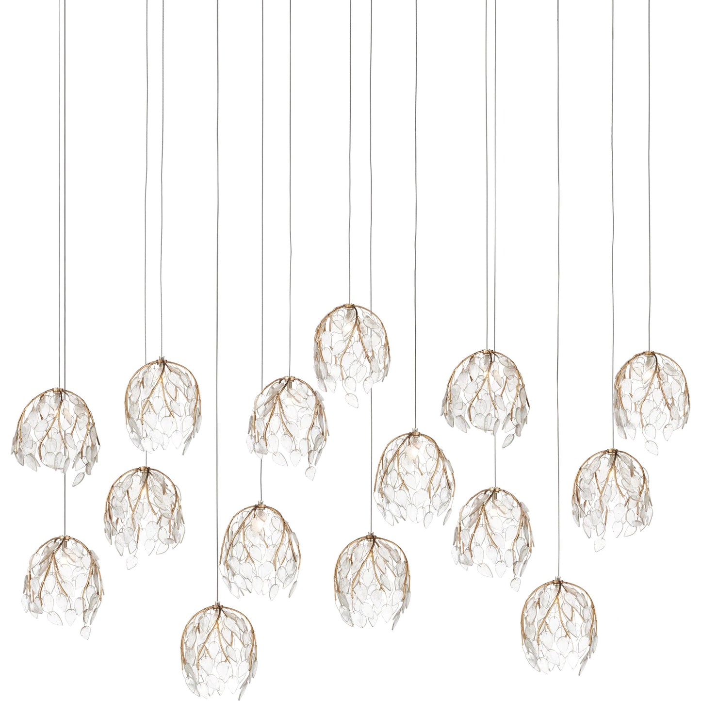 001 SI-2524229 | Primary Silo | Banyan 15-Light Linear Multi-Drop Pendant by Currey and Company in antique brass, clear, silver. Made from metal, glass in a modern style.