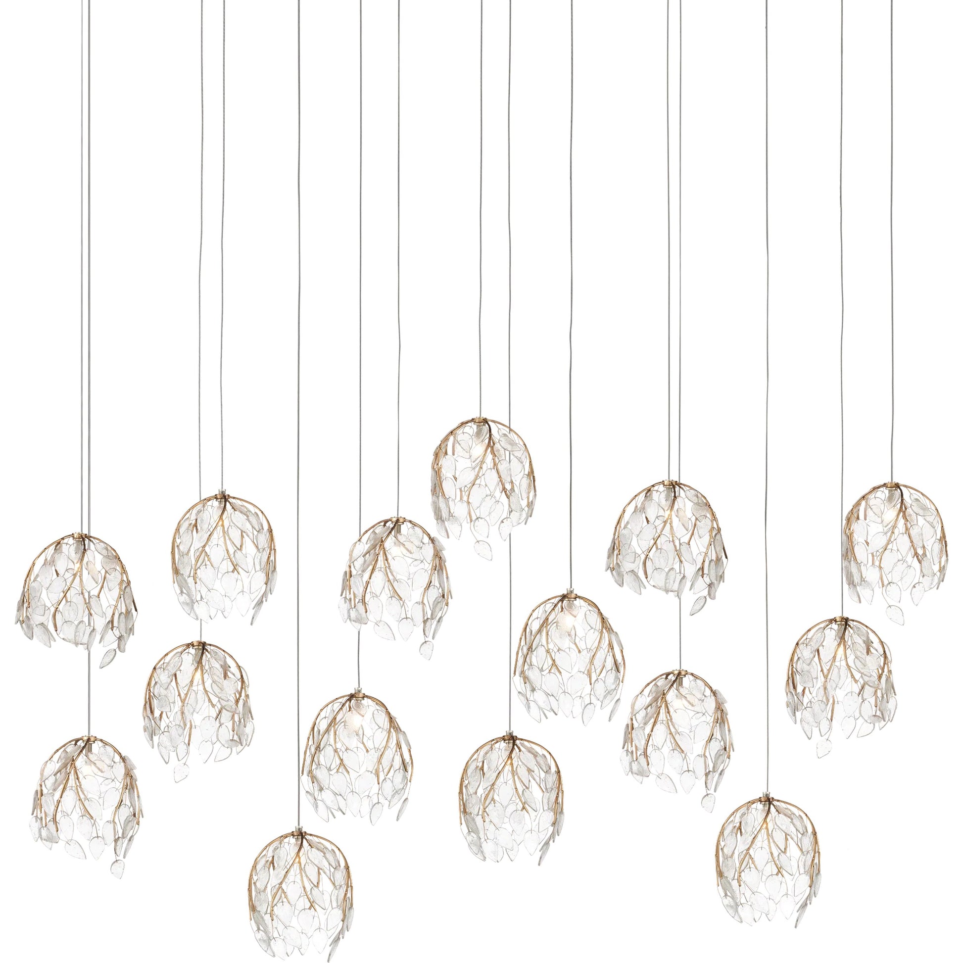 Banyan 15-Light Linear Multi-Drop Pendant by Currey and Company in antique brass, clear, silver. Made from metal, glass in a modern style.