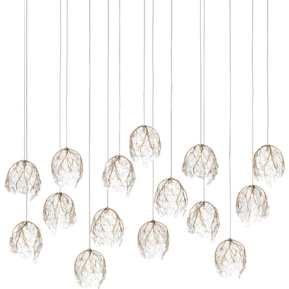 Banyan 15-Light Linear Multi-Drop Pendant by Currey and Company in antique brass, clear, silver. Made from metal, glass in a modern style.