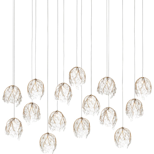 Banyan 15-Light Linear Multi-Drop Pendant by Currey and Company in antique brass, clear, silver. Made from metal, glass in a modern style.