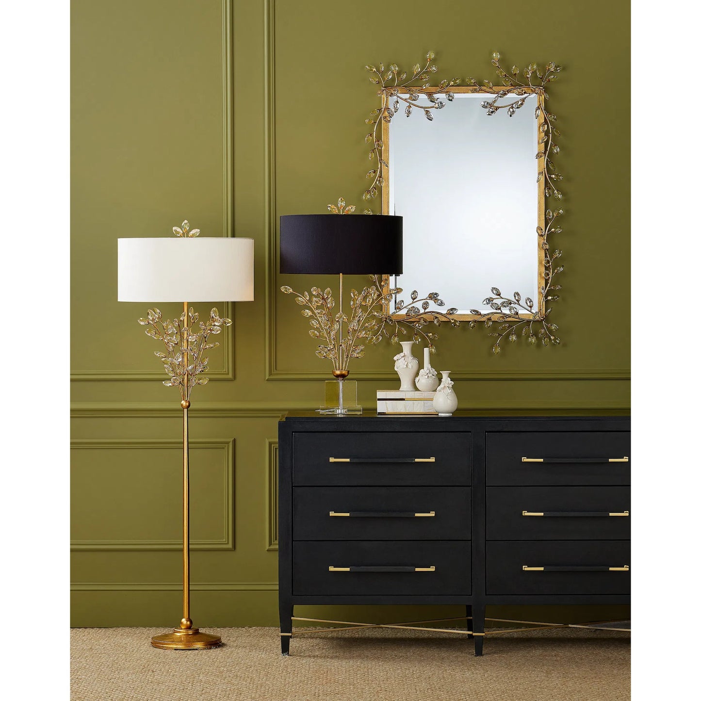 011 SI-2387030 | Lifestyle | Forget-Me-Not Mirror by Currey and Company. Made from crystal, metal, glass in a modern style.