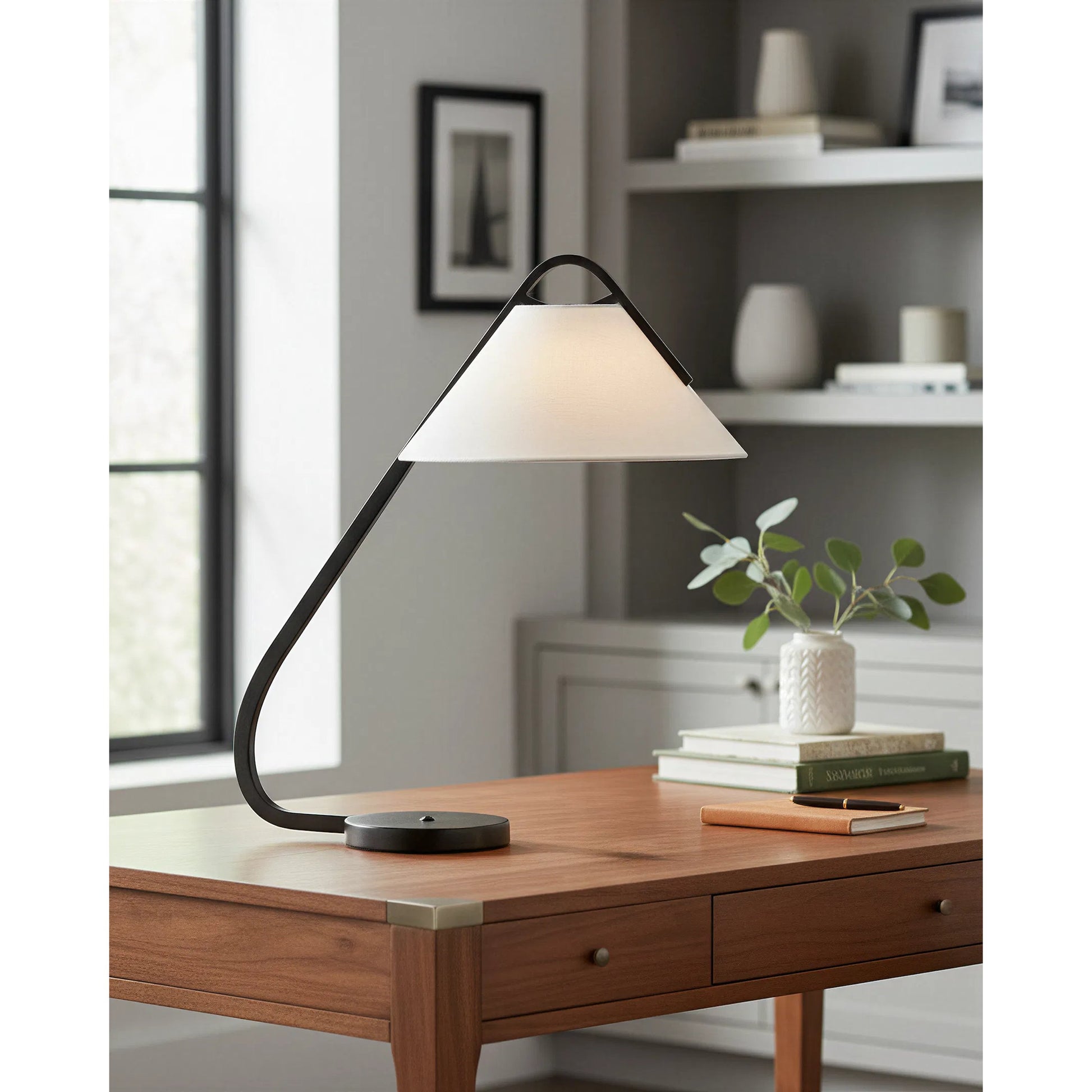 Frey Desk Lamp by Currey and Company in satin black, brushed brown. Made from metal in a transitional style.