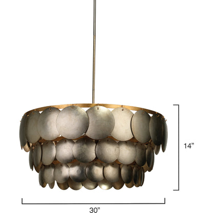 Calypso Chandelier by Jamie Young in champagne leaf with gold leaf trim. Made from iron in a eclectic & global style.