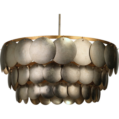 Calypso Chandelier by Jamie Young in champagne leaf with gold leaf trim. Made from iron in a eclectic & global style.